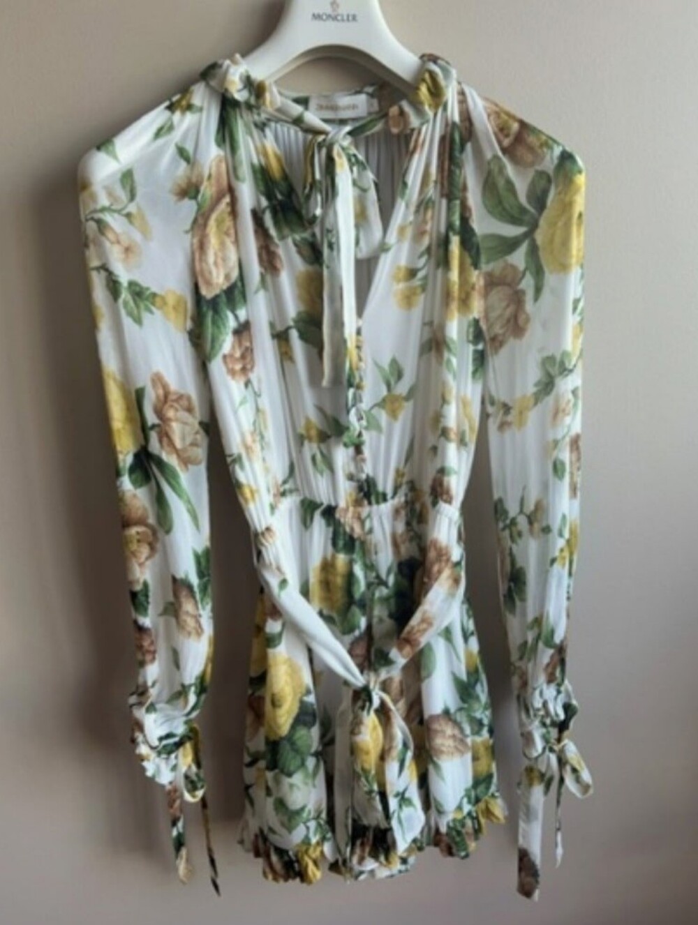 Zimmermann White Floral Long Sleeve Tie-Neck Romper- Size 1 (Small) - Picture 2 of 6